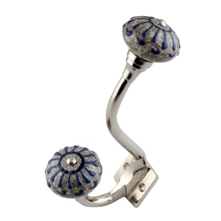 Blue Wheel Crackle Ceramic Silver Iron Hook